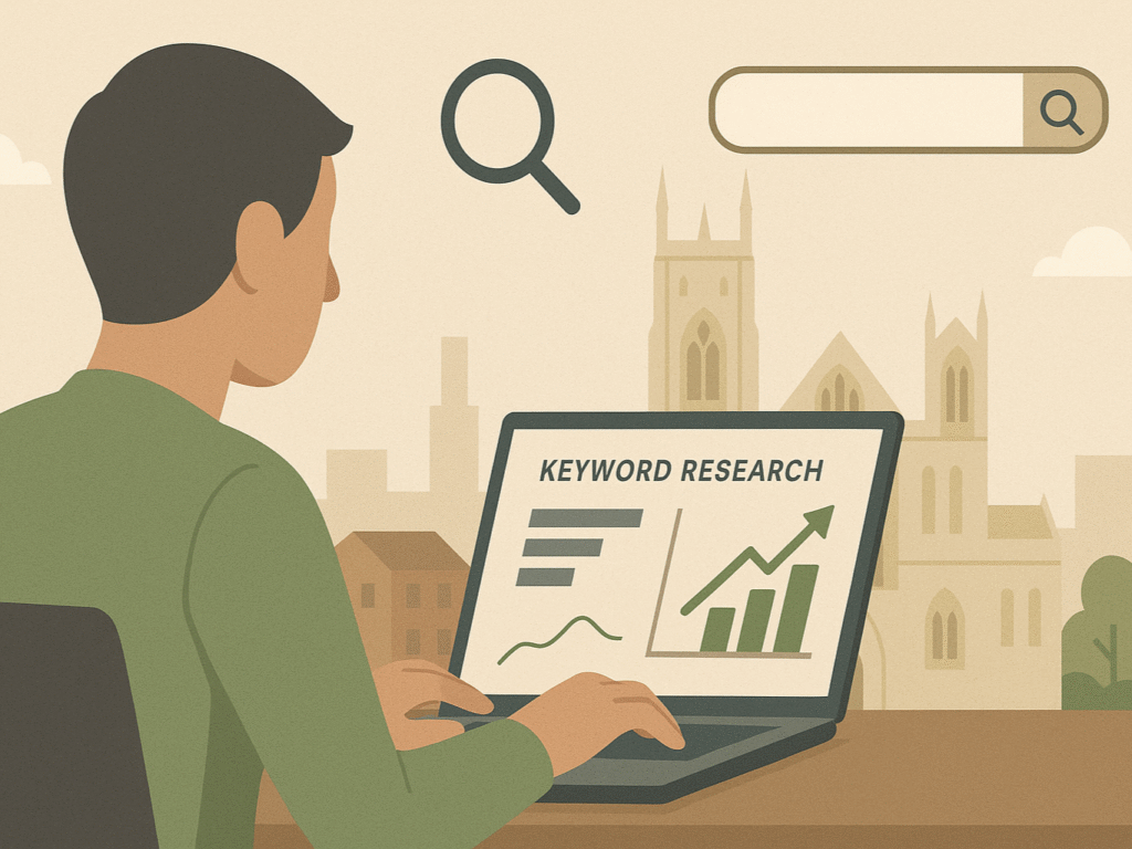 Person analyzing keyword data on a laptop.