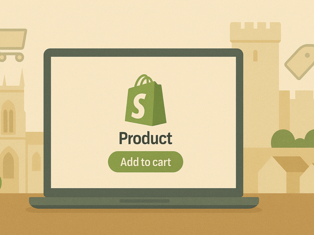 Shopify product page  with York landmarks in the background.