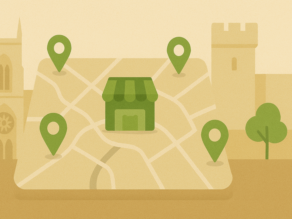 ork map with digital location pins highlighting targeted landing pages for Shopify stores.