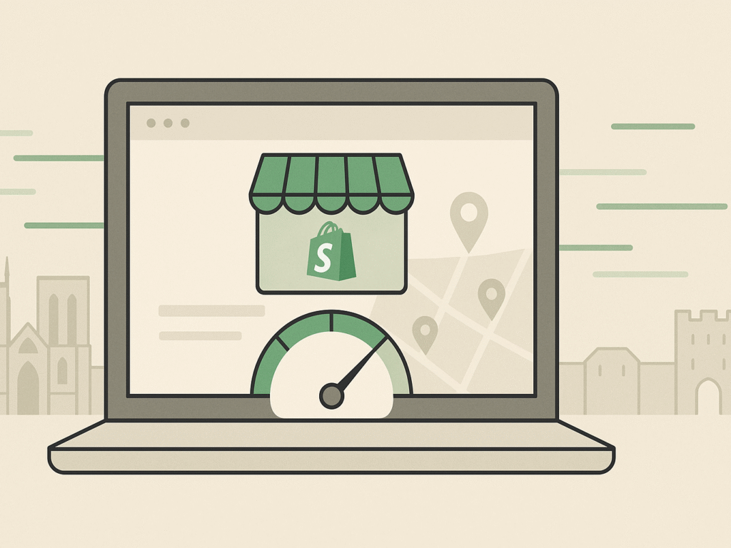 Shopify website speed test illustration with fast-loading bar and performance icons.