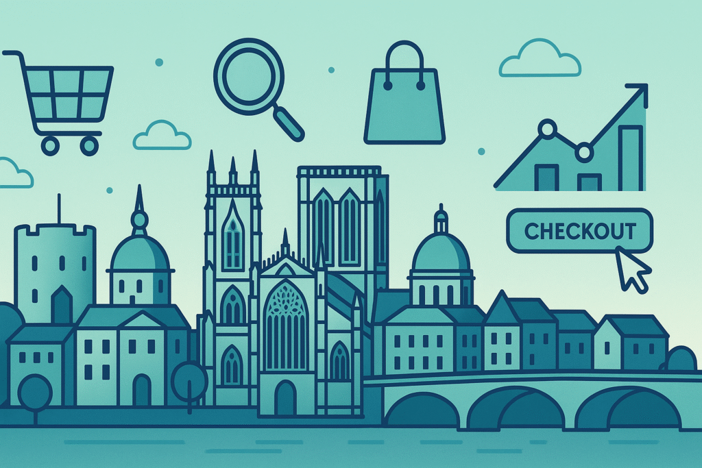 Modern York city skyline with digital e-commerce and shopping cart icons.