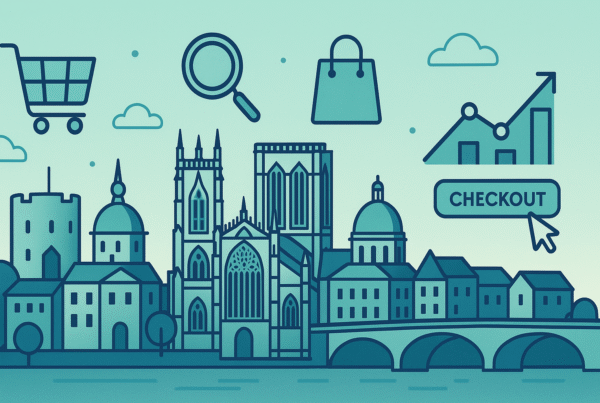 Modern York city skyline with digital e-commerce and shopping cart icons.