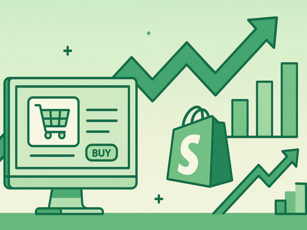 e-commerce platform concept with digital growth arrows and Shopify Plus branding.