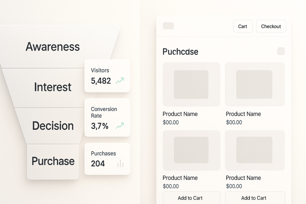 Split-screen showing a sales funnel dashboard and an online store, comparing ClickFunnels vs Shopify.