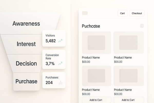 Split-screen showing a sales funnel dashboard and an online store, comparing ClickFunnels vs Shopify.