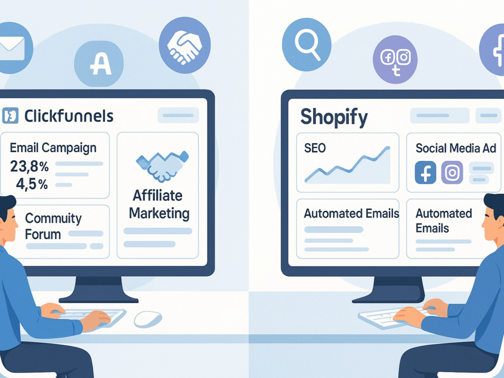 comparison of ClickFunnels and Shopify marketing dashboards.