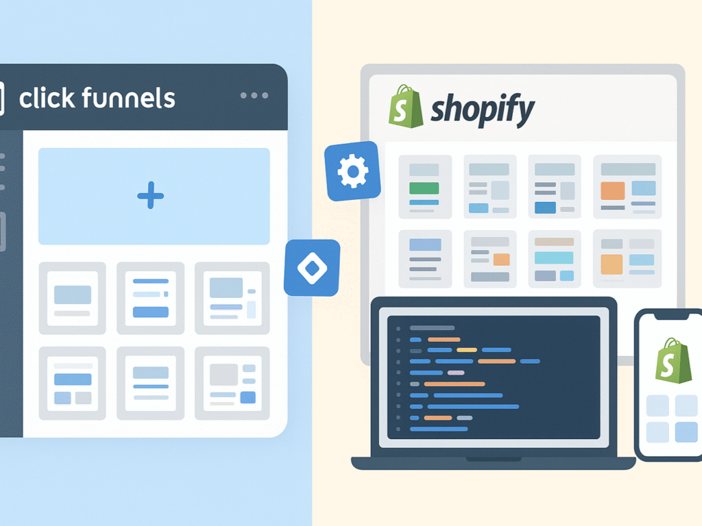 Split-screen comparison of ClickFunnels and Shopify design features.