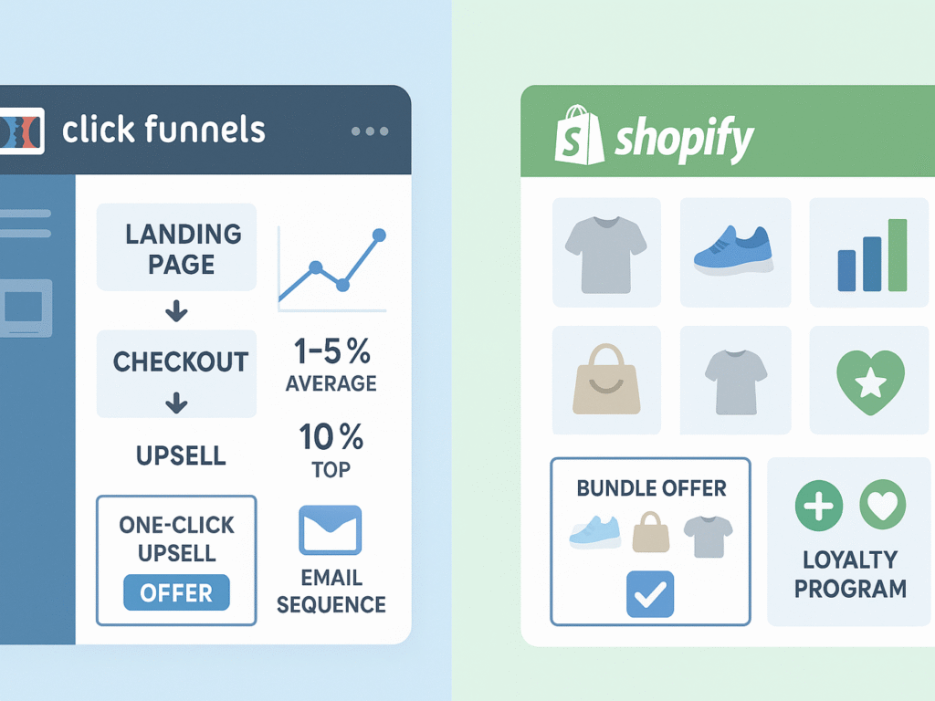 Split-screen illustration of ClickFunnels vs Shopify sales performance.