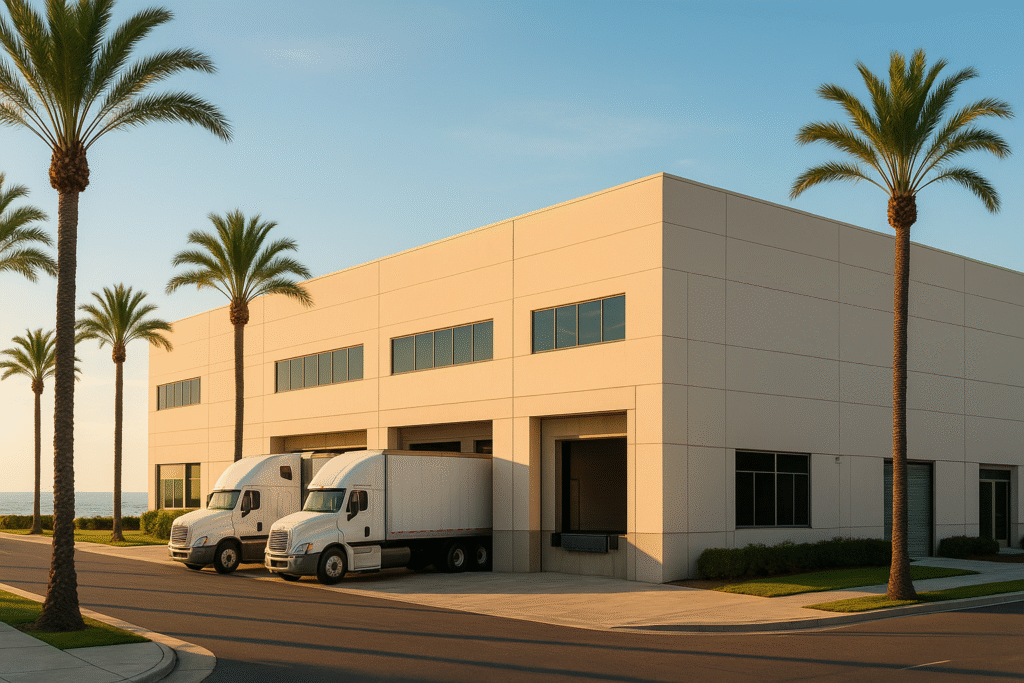 San Diego warehouse with trucks and palm trees outside