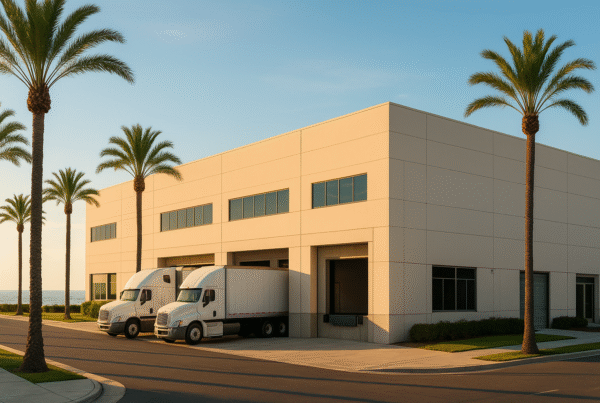 San Diego warehouse with trucks and palm trees outside