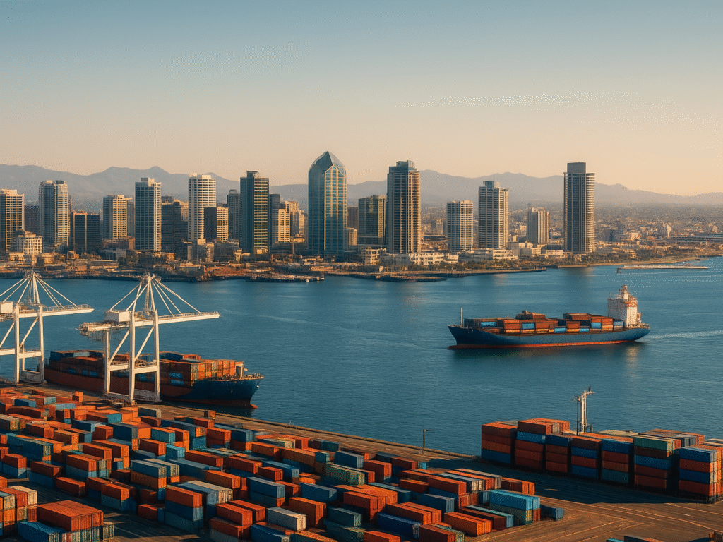 San Diego skyline with port and shipping containers.
