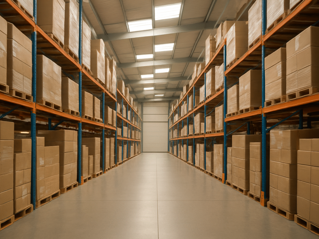 Organized warehouse with tall racks and pallets.