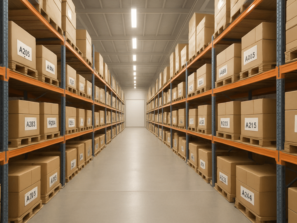 Neatly organized warehouse aisle with boxes.