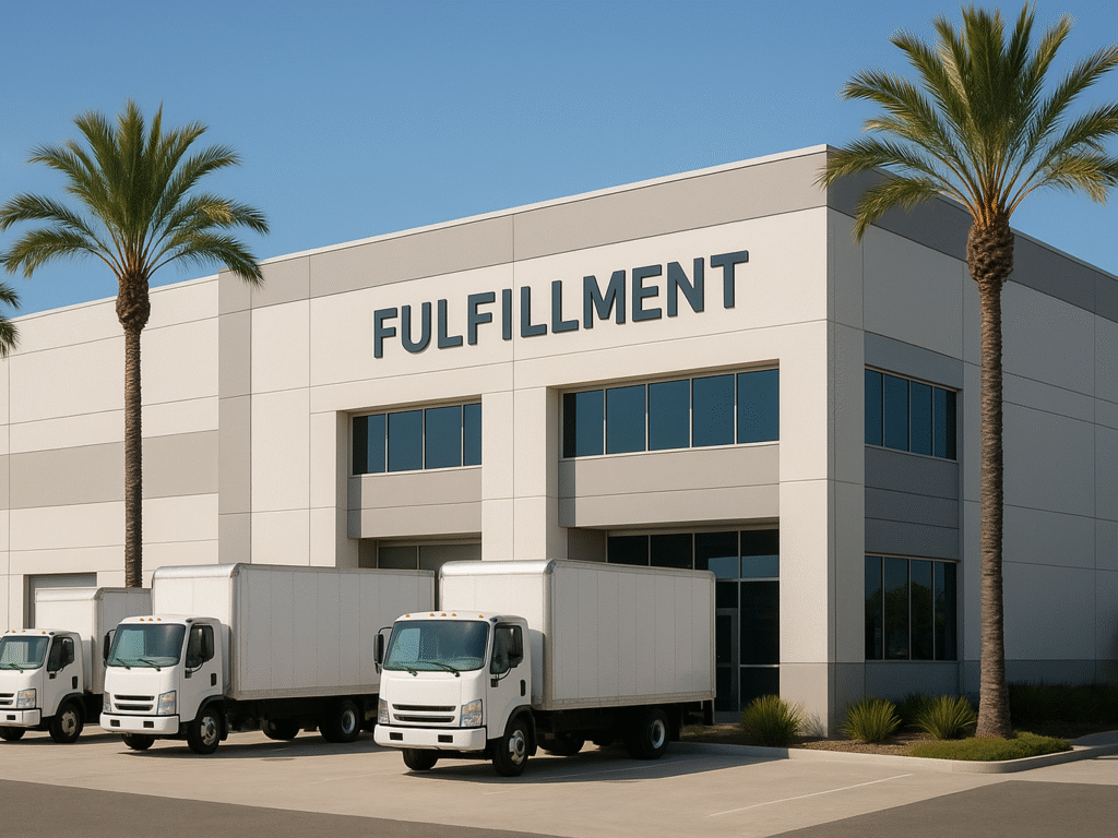Warehouse exterior with trucks and palm trees.