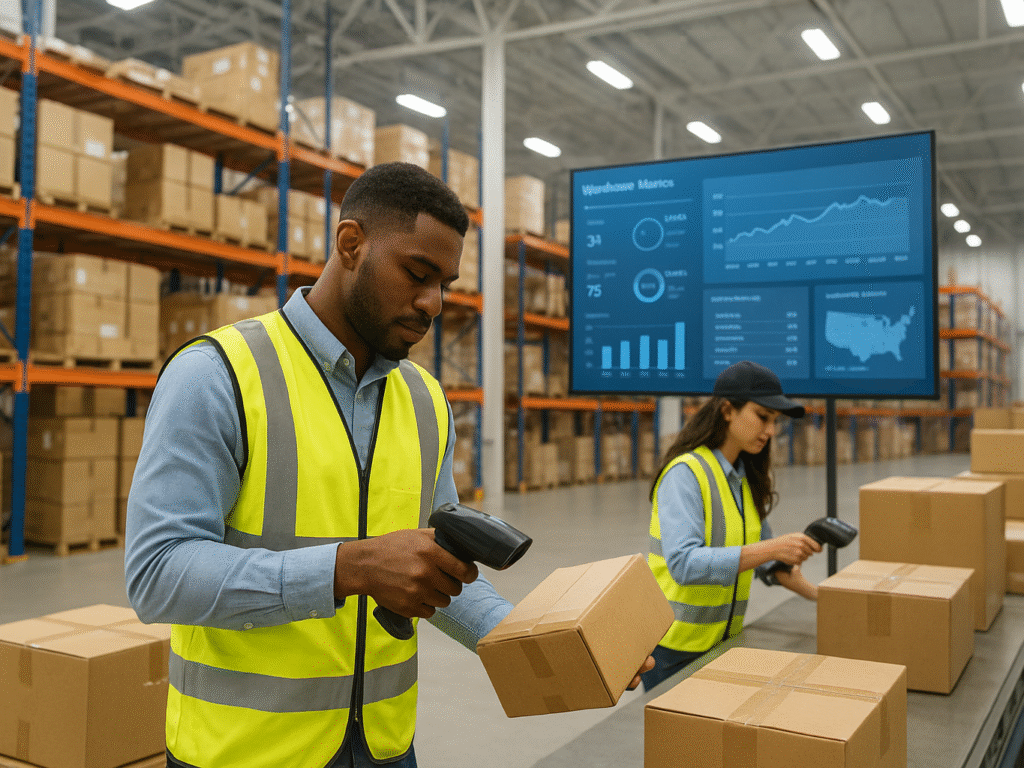 Warehouse workers scanning packages with digital dashboard.