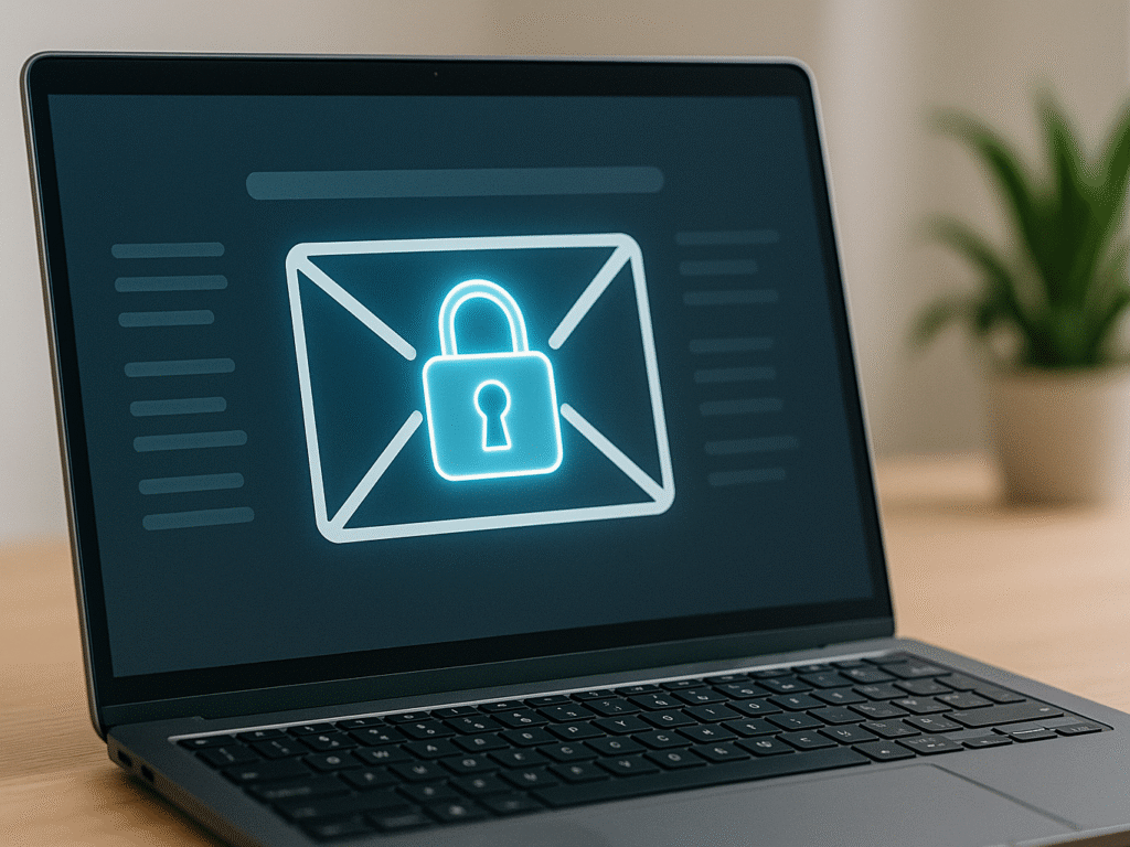Laptop screen with secure email lock icon.