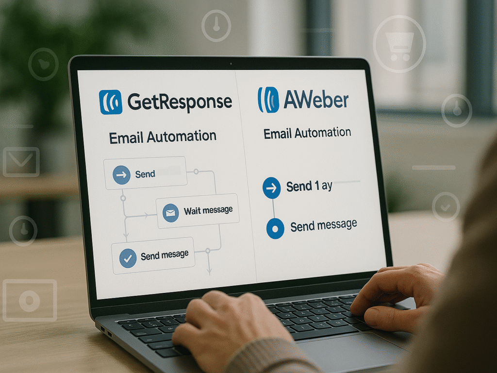 Marketer comparing AWeber’s linear automation with GetResponse’s visual workflow builder on laptop screen.