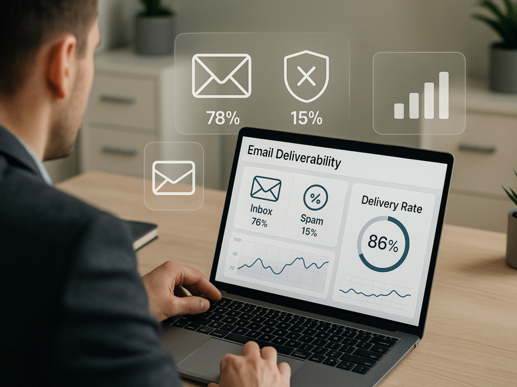 Professional checking email deliverability and spam protection tools on laptop screen.