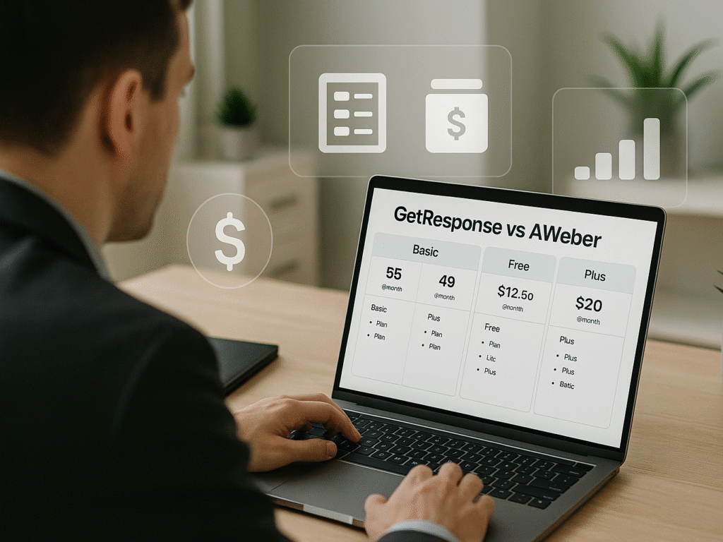 Marketer comparing GetResponse and AWeber pricing plans on laptop with cost charts.