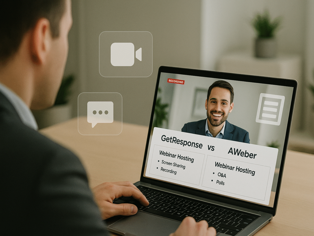 Marketer hosting a webinar while comparing GetResponse and AWeber’s live interaction tools.