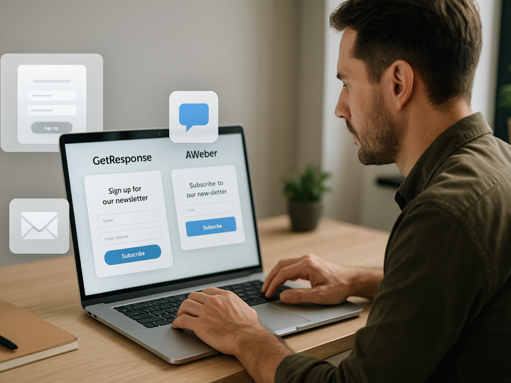 Marketer creating and comparing lead capture forms and popups for GetResponse vs AWeber.