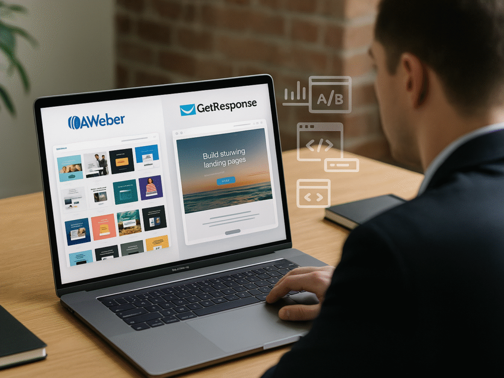 Marketer comparing AWeber and GetResponse landing page templates and A/B testing tools on laptop.