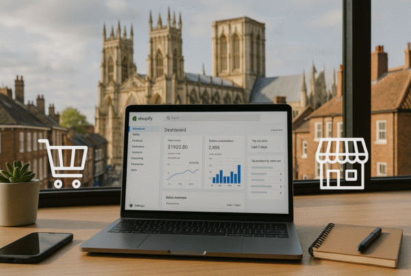 laptop displaying an e-commerce dashboard with York city in the background.