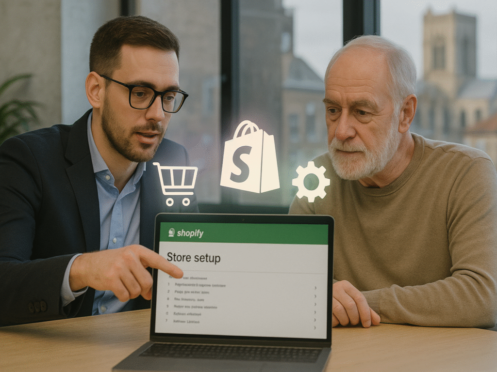 Developer helping a business owner set up a Shopify store on a laptop.