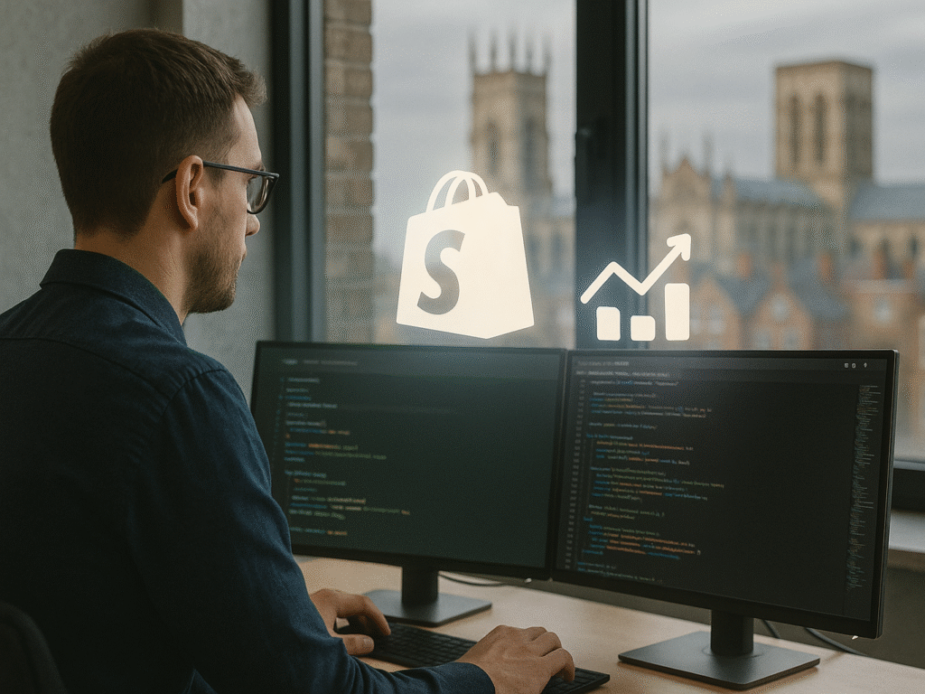 Shopify developer working on a custom online store with e-commerce icons.