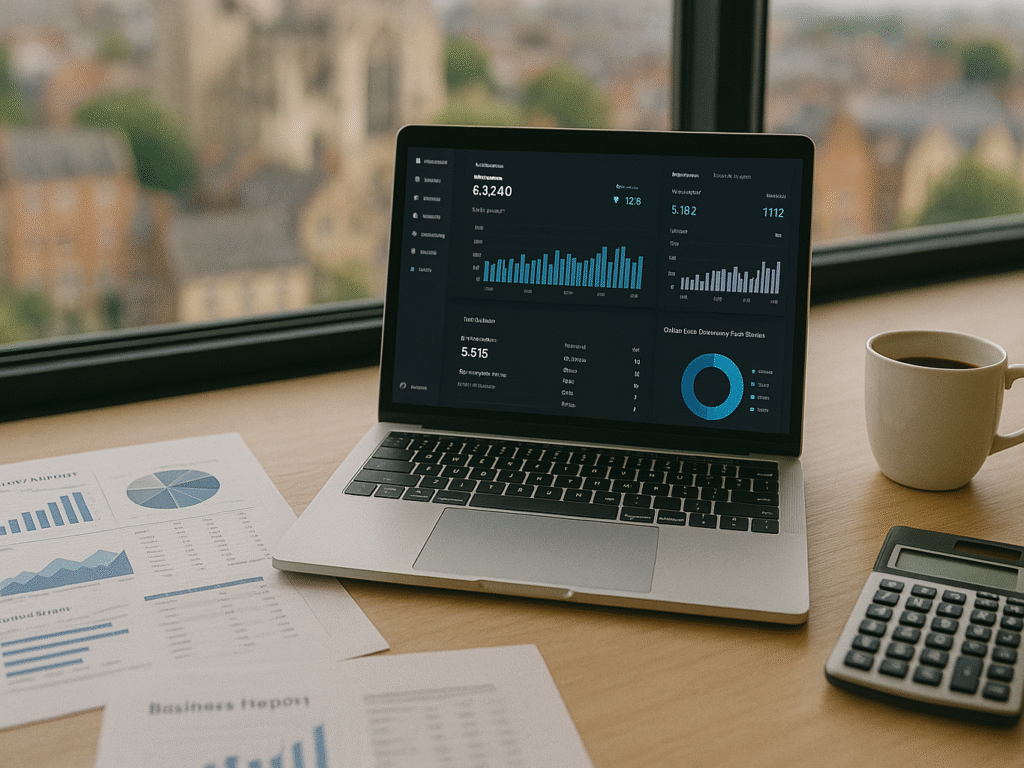 Laptop with Shopify analytics and cost planning documents on desk.