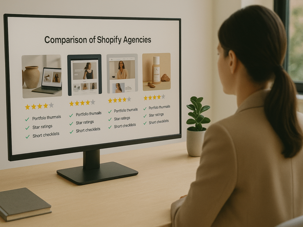 Business owner comparing Shopify agency options on a monitor.