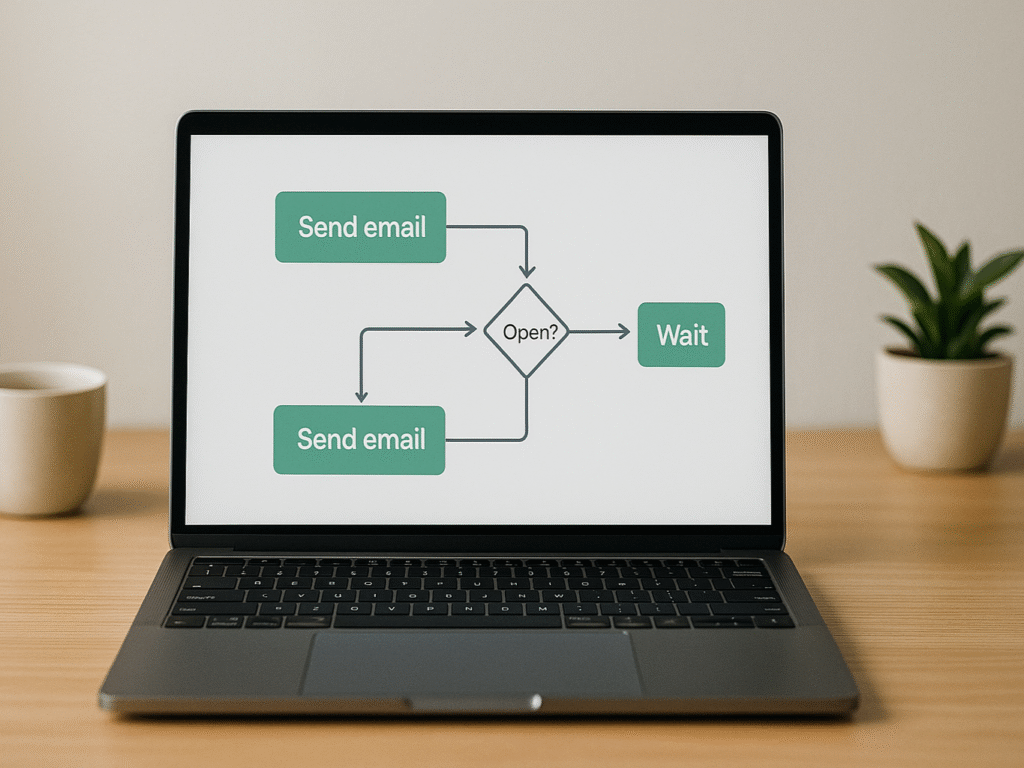 Laptop showing email automation workflow on tidy desk.