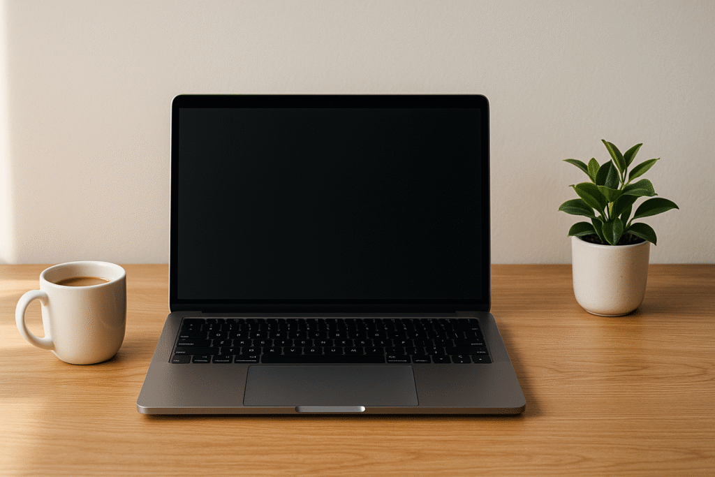 Laptop on desk showing AWeber review cover text.