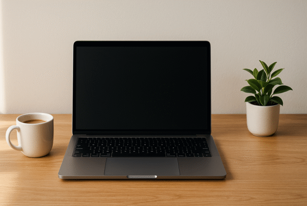Laptop on desk showing AWeber review cover text.