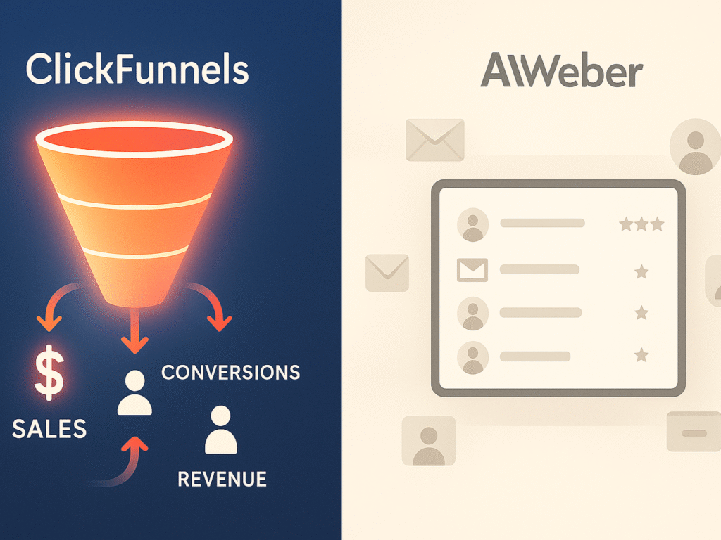 Side-by-side illustration of sales funnel icons vs. email subscriber list icons.