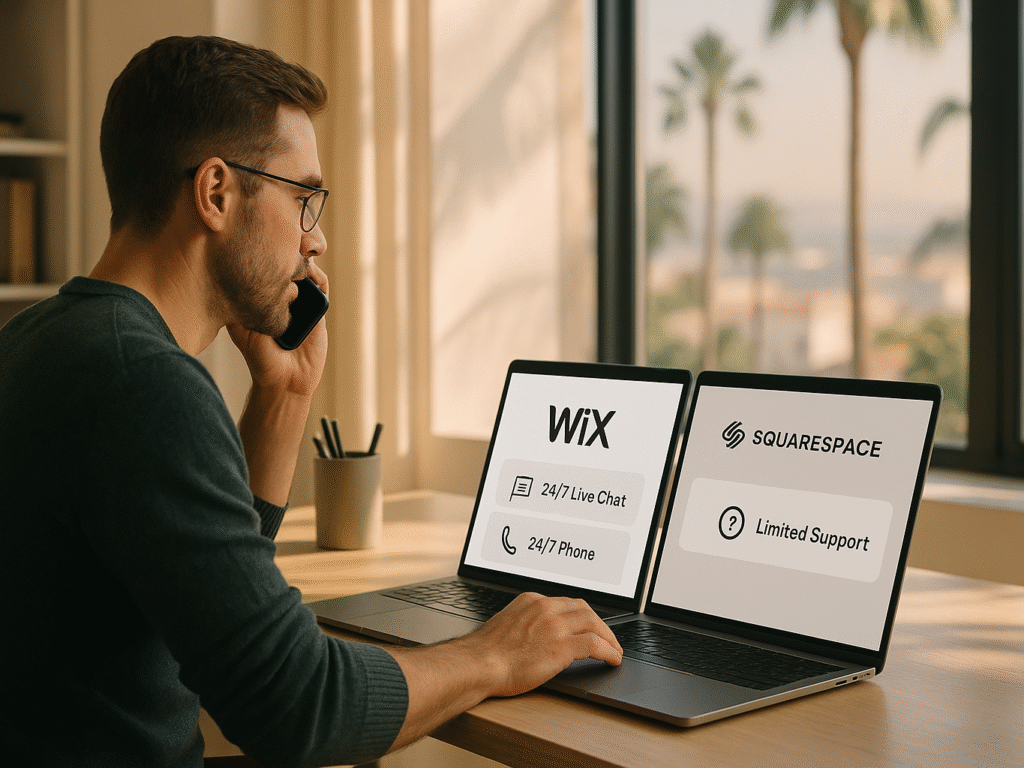 San Diego business owner on a support call while checking website uptime on a laptop.