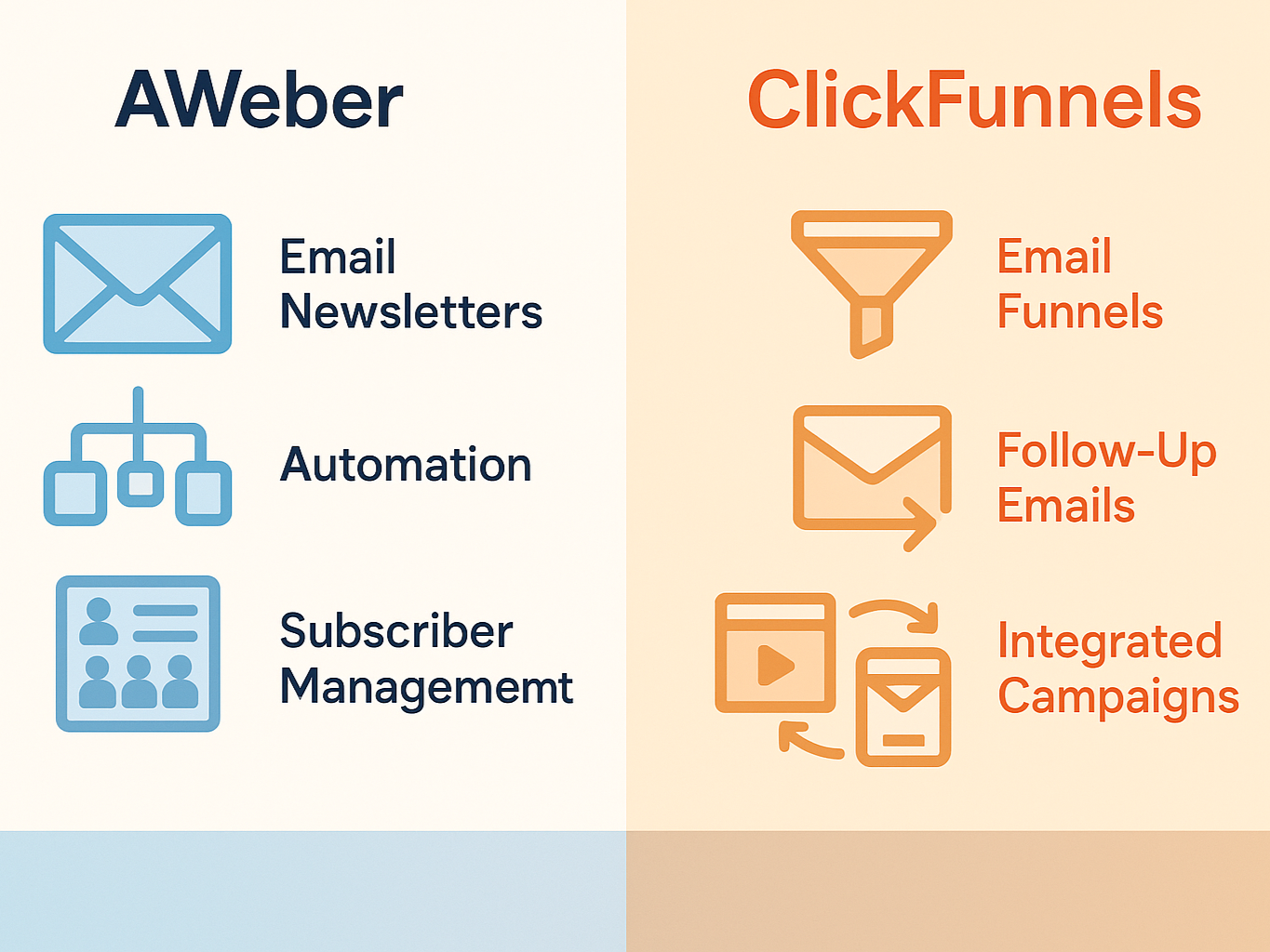 Comparison chart showing AWeber and ClickFunnels email marketing features side by side.