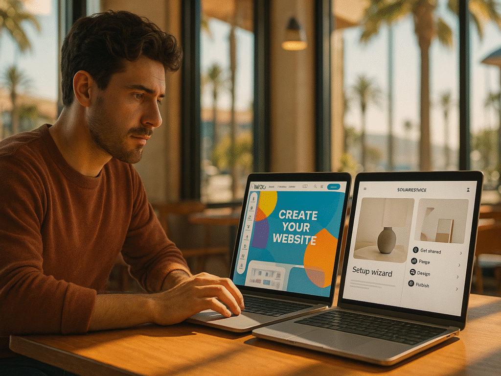 San Diego entrepreneur comparing two website builders on a laptop.