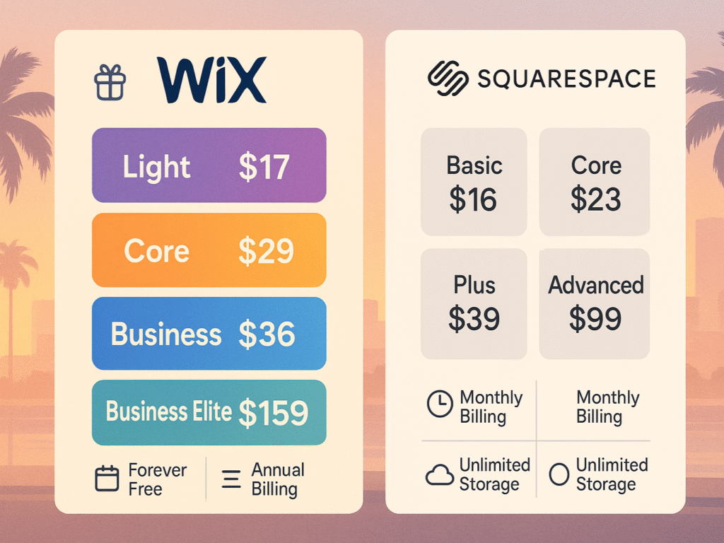 Side-by-side pricing cards comparing Wix and Squarespace plans for San Diego businesses.