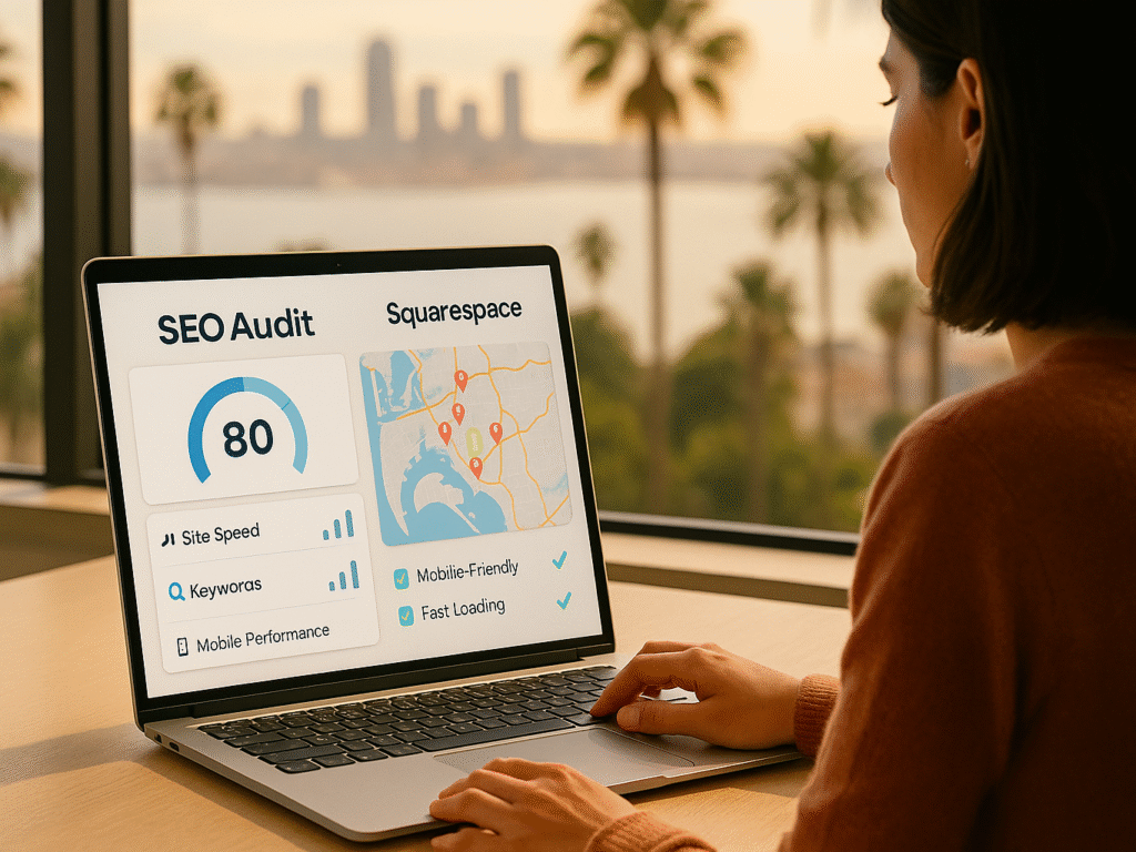 Business owner reviewing a Wix SEO audit report for a San Diego website.