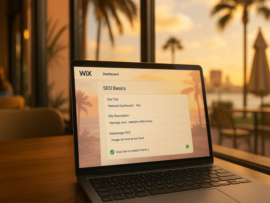 Wix website setup screen showing SEO basics being configured for a San Diego business.