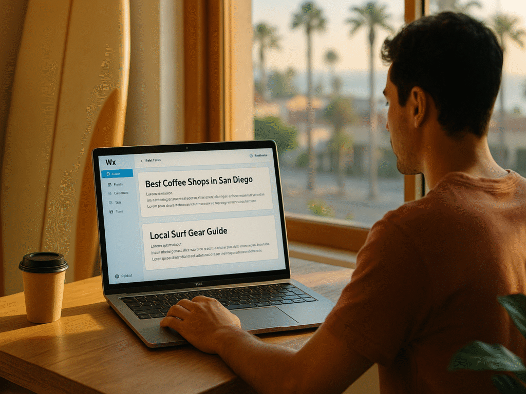 Content creator drafting San Diego-focused blog posts on a Wix website.