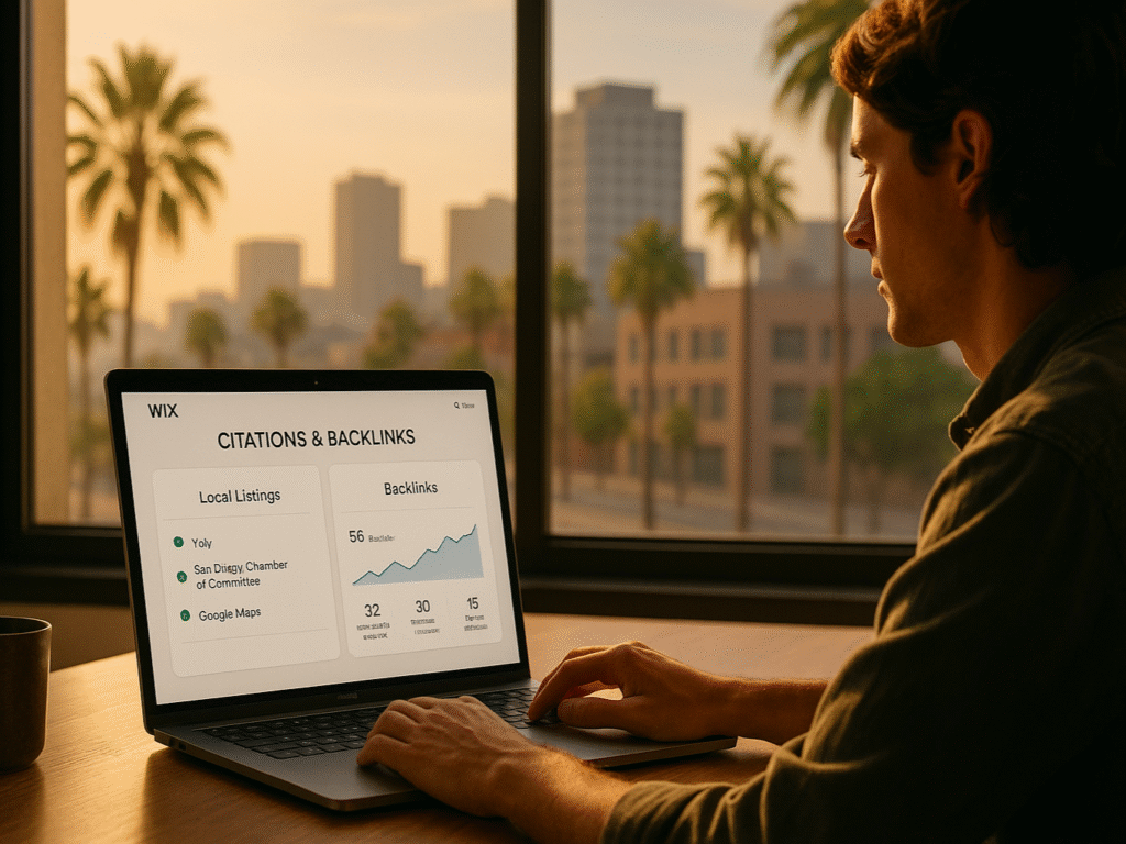 Marketer adding San Diego business citations and backlinks to improve Wix SEO.