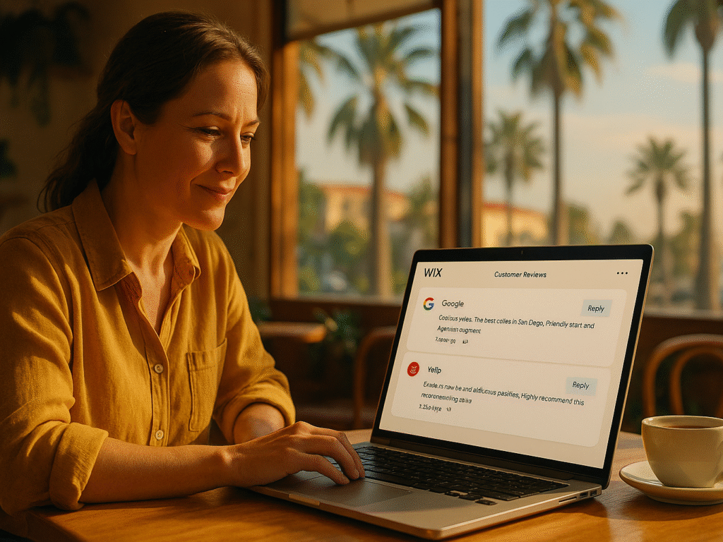 San Diego business owner responding to customer reviews on Wix-integrated platforms.