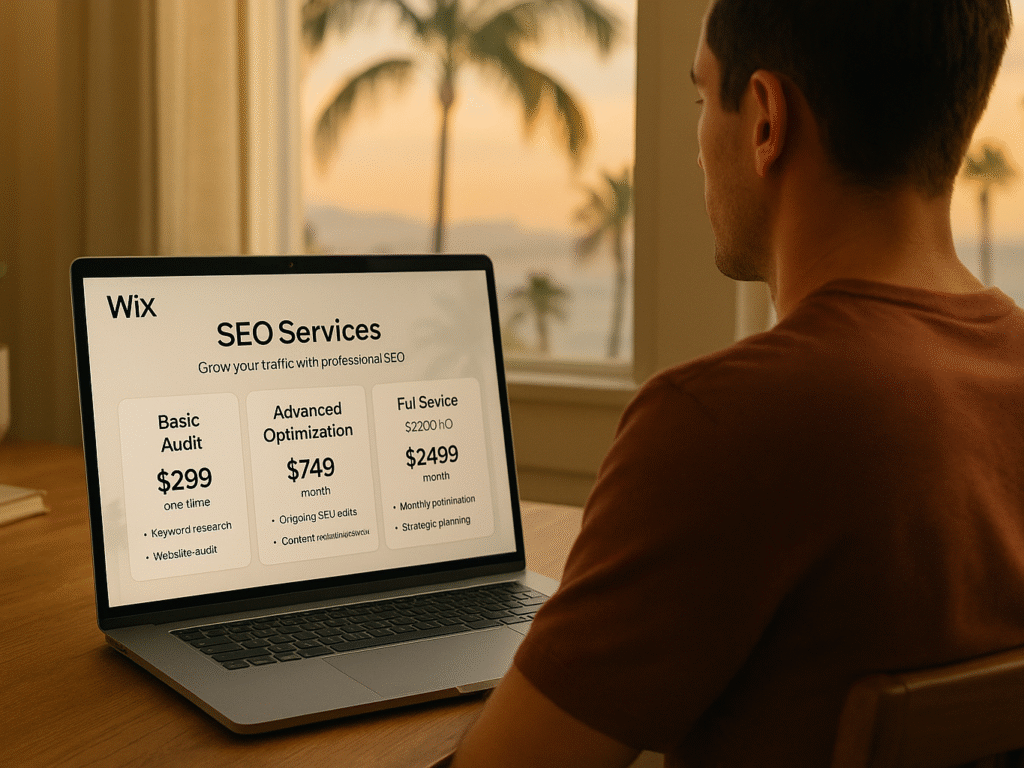 San Diego business owner reviewing Wix SEO pricing and service packages.
