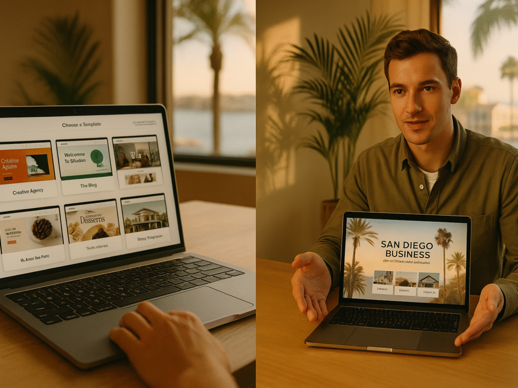 San Diego business owner comparing Wix templates with a custom website design.