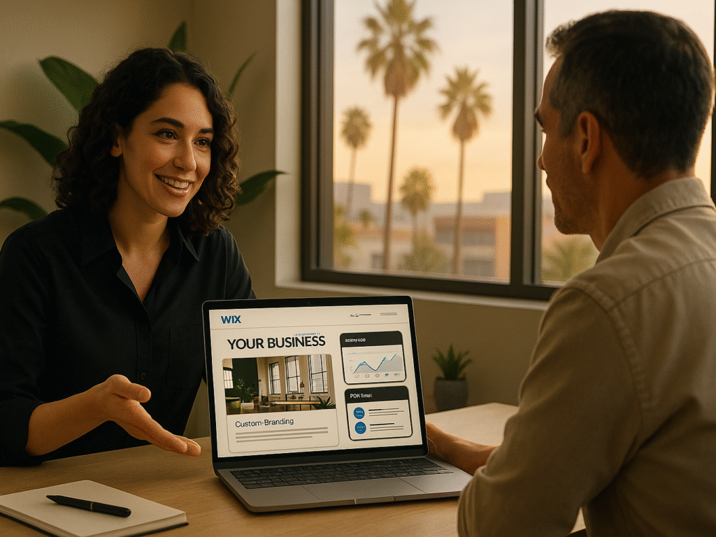 San Diego business owner collaborating with a professional Wix designer.