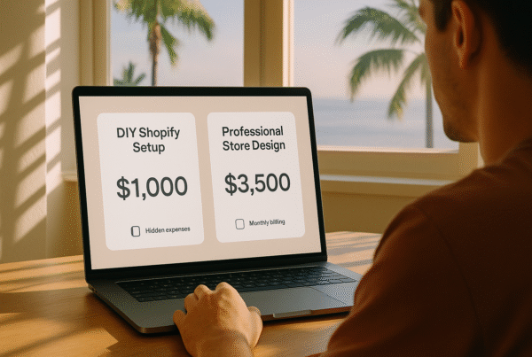 Side-by-side cost breakdown graphic showing DIY vs professional Shopify setup.
