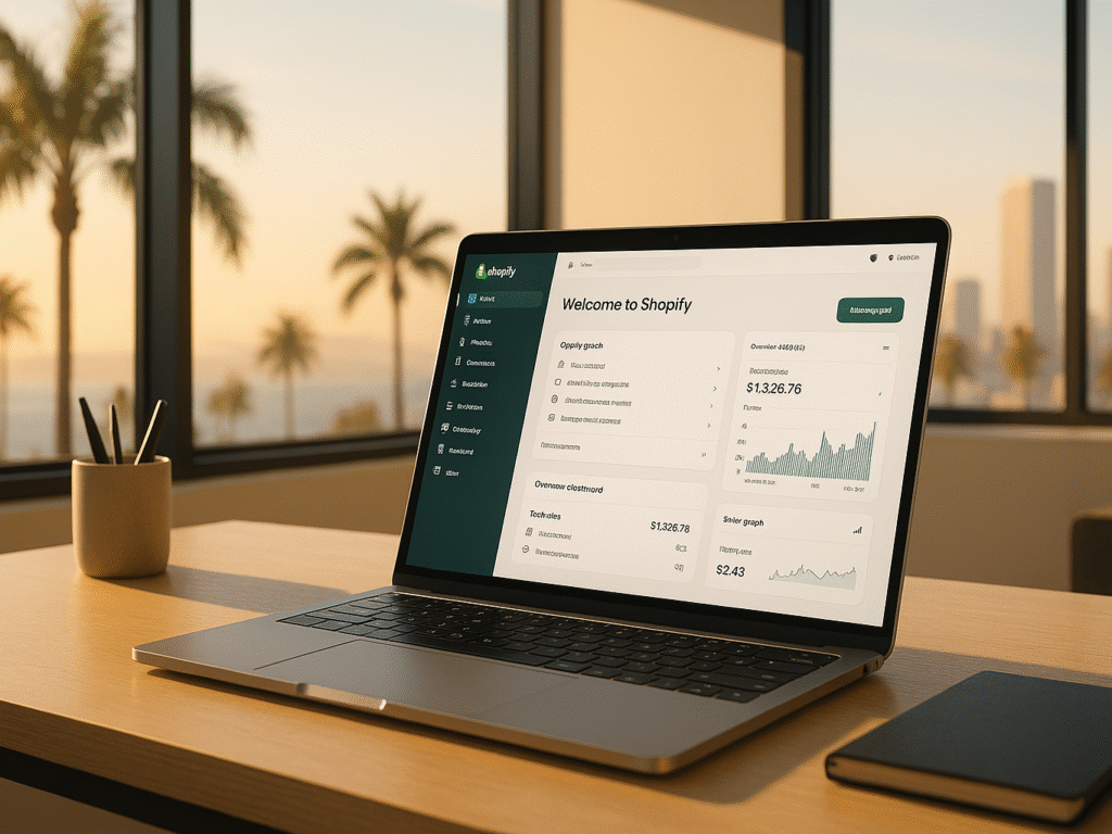 Modern Shopify store dashboard on a laptop.