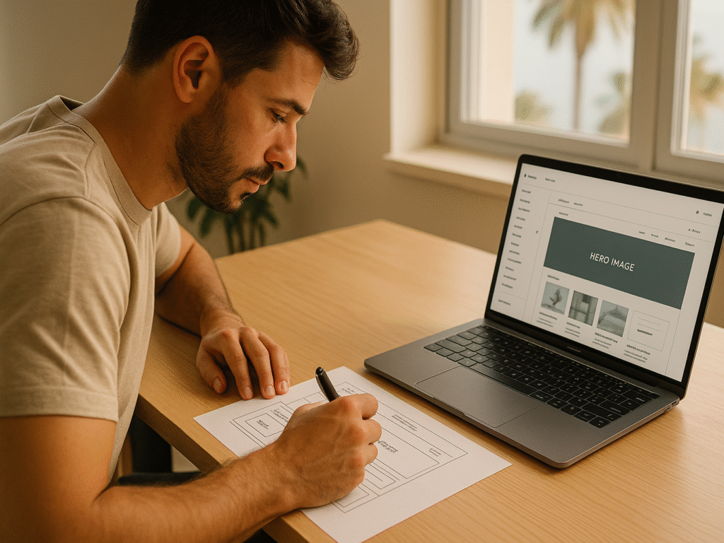 Business owner in San Diego planning a Shopify store with notes and laptop.
